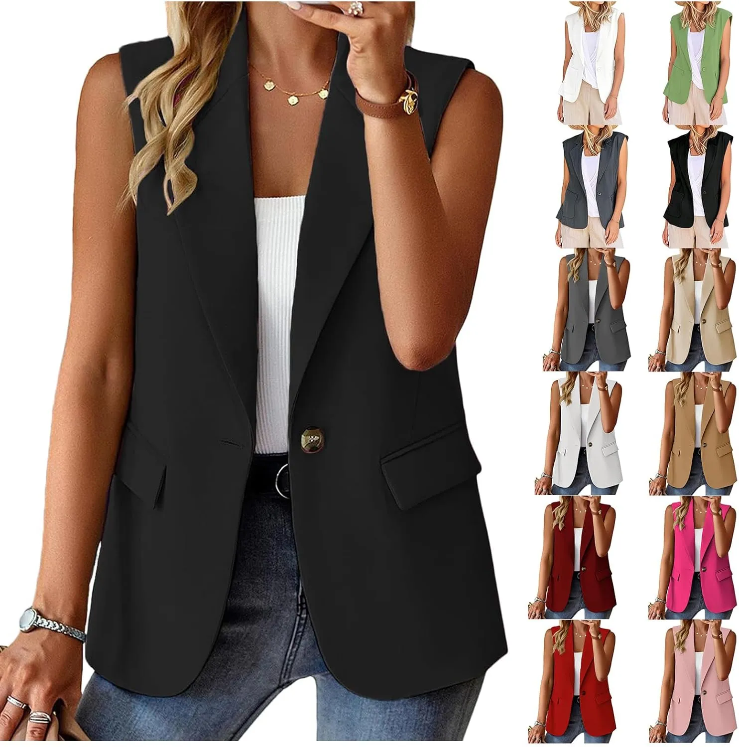 Womens Sleeveless Vest Casual Business Blazer Vest Open Front Single Button Blazers Work Office Summer Jacket