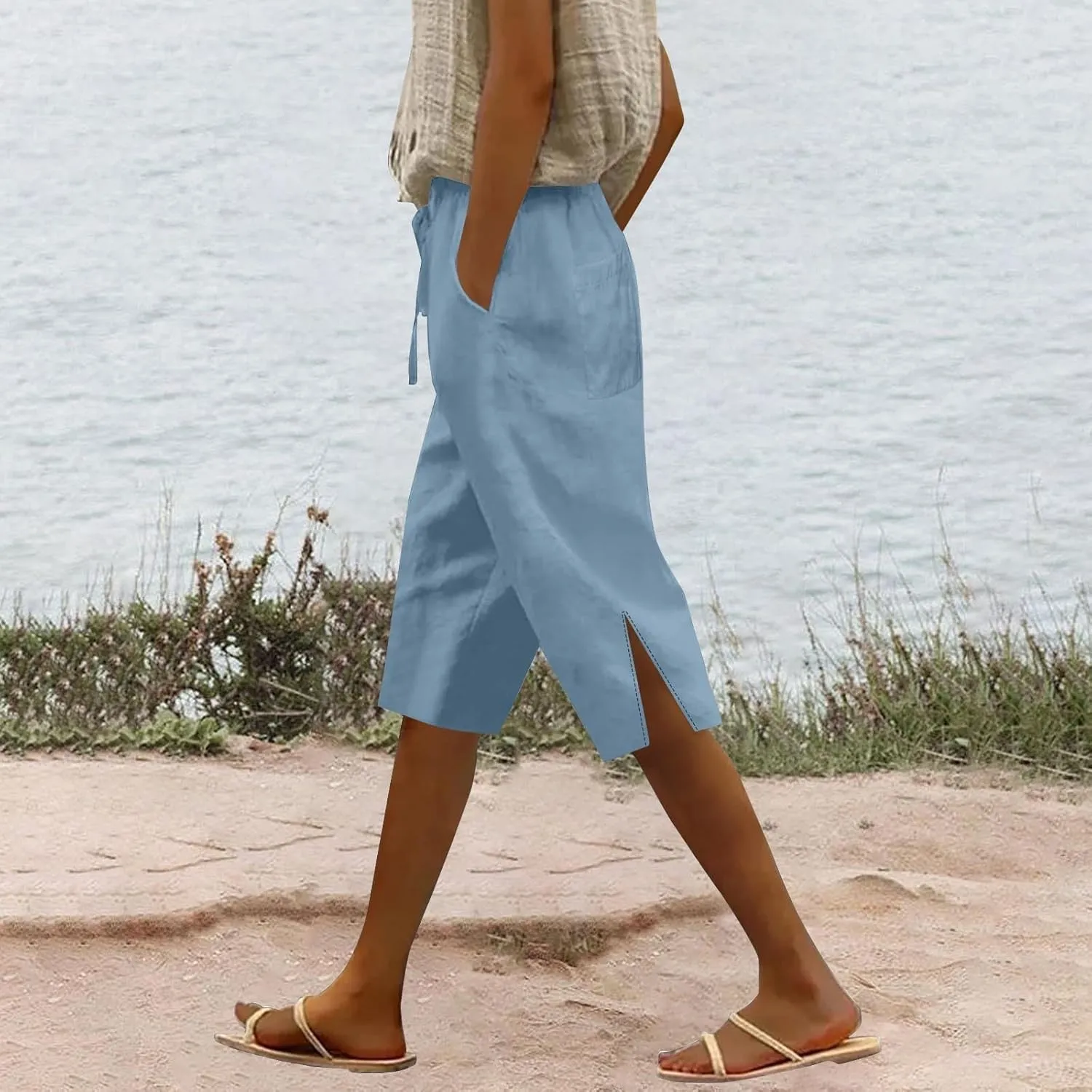 Womens Summer Bermuda Linen Shorts Knee Length Lightweight Loose Summer Casual Shorts with Pockets