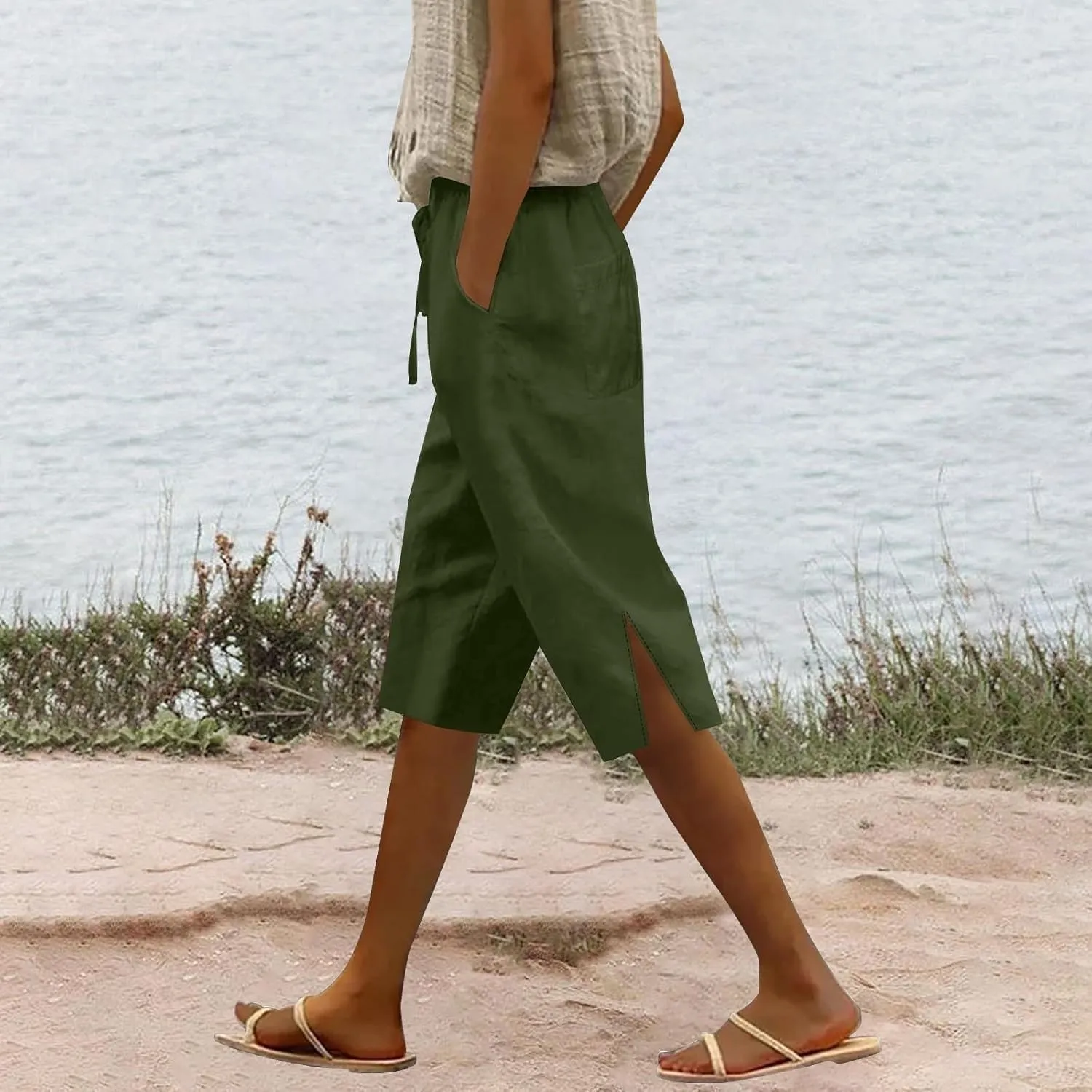 Womens Summer Bermuda Linen Shorts Knee Length Lightweight Loose Summer Casual Shorts with Pockets