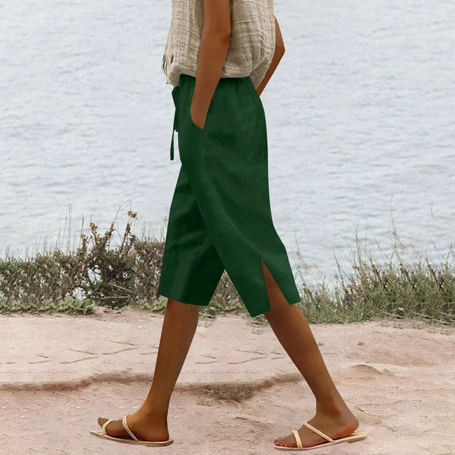 Womens Summer Bermuda Linen Shorts Knee Length Lightweight Loose Summer Casual Shorts with Pockets