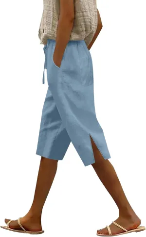 Womens Summer Bermuda Linen Shorts Knee Length Lightweight Loose Summer Casual Shorts with Pockets