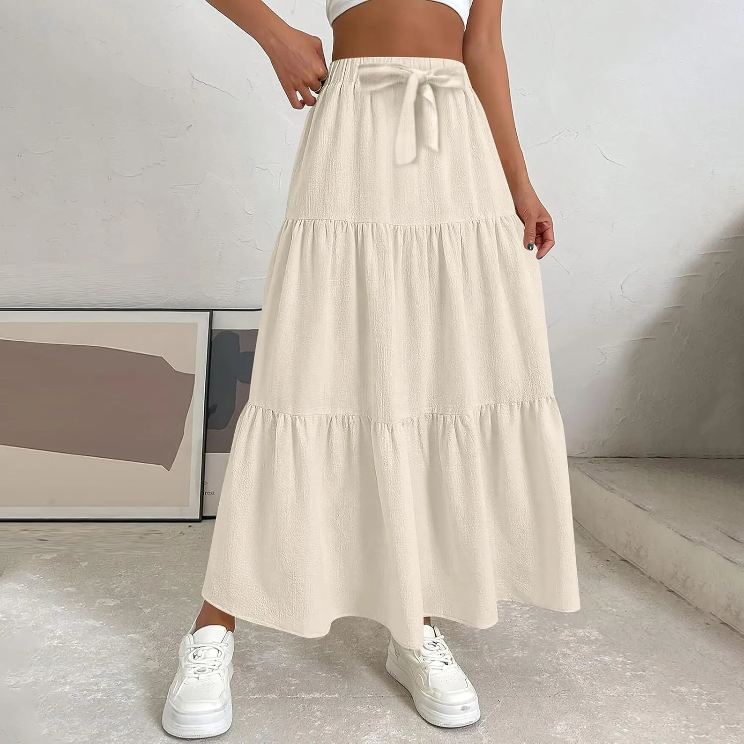 Womens Summer Flowy Swing Midi Skirts Boho High Elastic Waist Fake Drawstring Floral Print A line Casual Cute Skirt