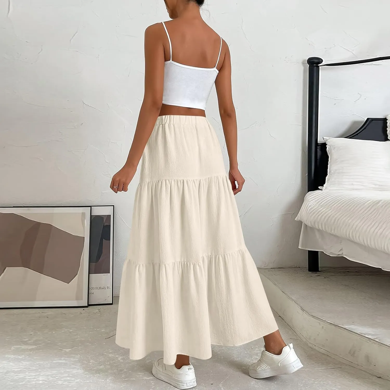 Womens Summer Flowy Swing Midi Skirts Boho High Elastic Waist Fake Drawstring Floral Print A line Casual Cute Skirt