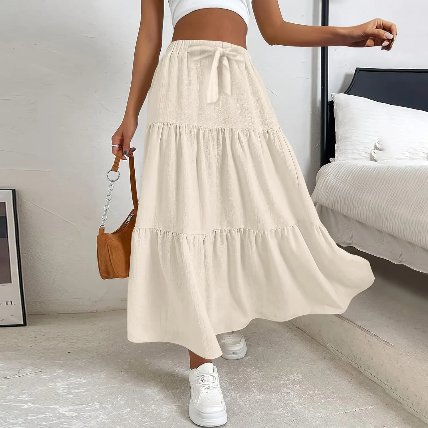 Womens Summer Flowy Swing Midi Skirts Boho High Elastic Waist Fake Drawstring Floral Print A line Casual Cute Skirt
