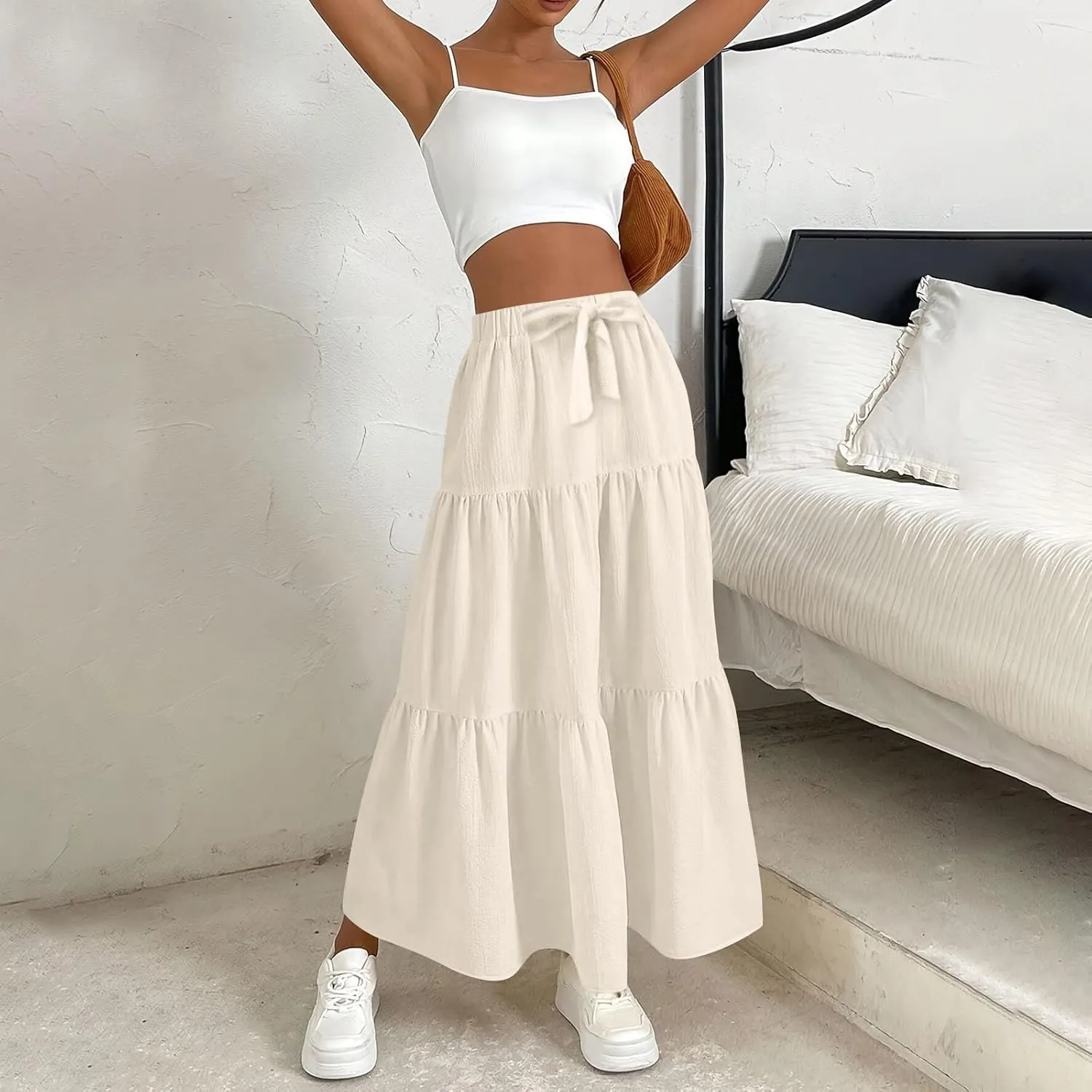 Womens Summer Flowy Swing Midi Skirts Boho High Elastic Waist Fake Drawstring Floral Print A line Casual Cute Skirt