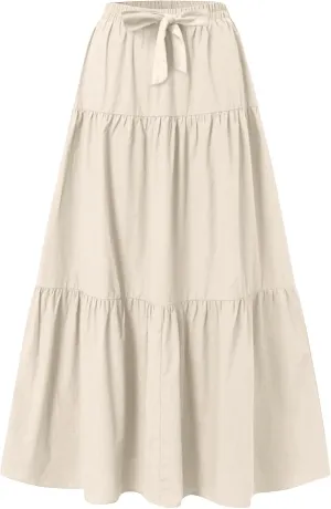 Womens Summer Flowy Swing Midi Skirts Boho High Elastic Waist Fake Drawstring Floral Print A line Casual Cute Skirt