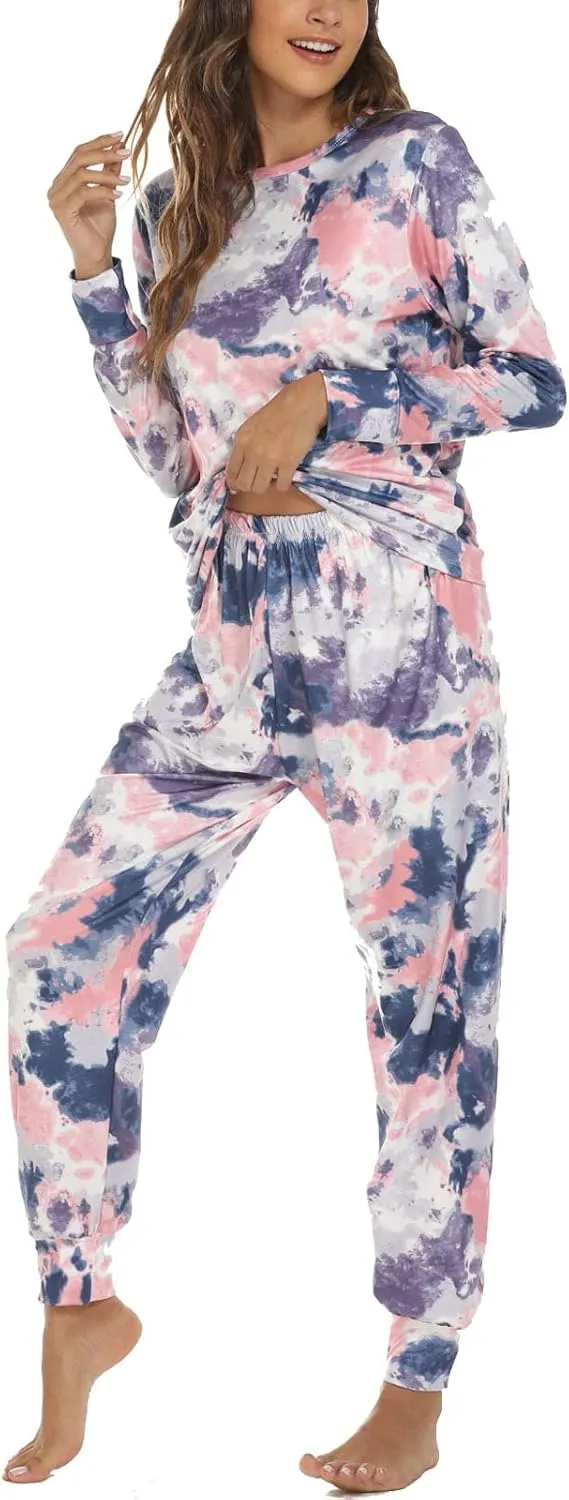 Women's Tie Dye Two Piece Pajamas Set Casual Long Sleeve Pullover Top with Long Pants Loungewear Soft Sleepwear
