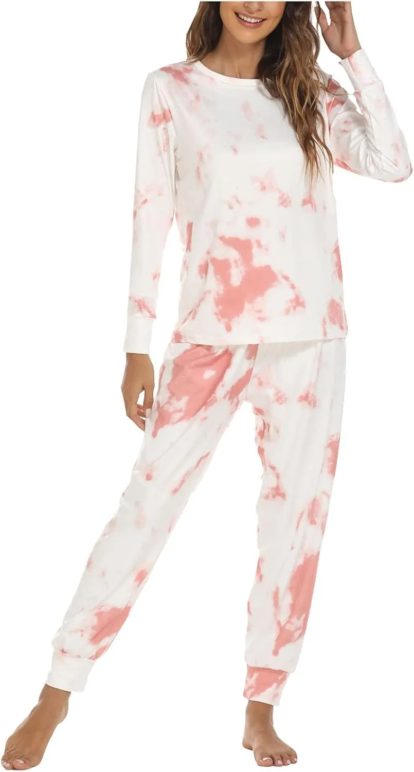 Women's Tie Dye Two Piece Pajamas Set Casual Long Sleeve Pullover Top with Long Pants Loungewear Soft Sleepwear