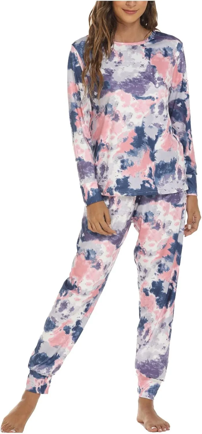 Women's Tie Dye Two Piece Pajamas Set Casual Long Sleeve Pullover Top with Long Pants Loungewear Soft Sleepwear