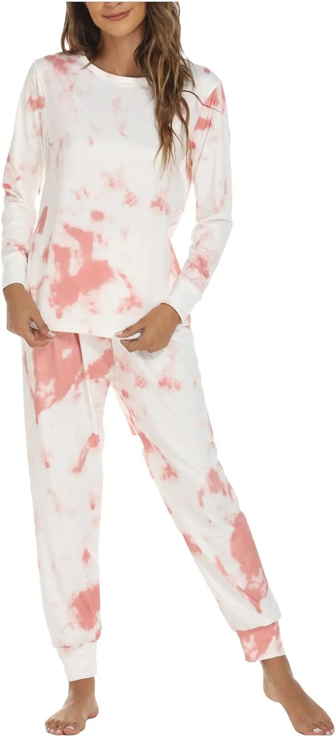 Women's Tie Dye Two Piece Pajamas Set Casual Long Sleeve Pullover Top with Long Pants Loungewear Soft Sleepwear