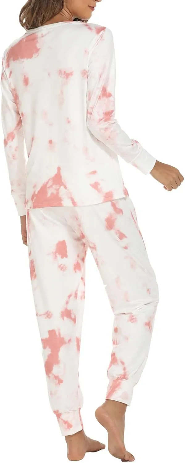Women's Tie Dye Two Piece Pajamas Set Casual Long Sleeve Pullover Top with Long Pants Loungewear Soft Sleepwear