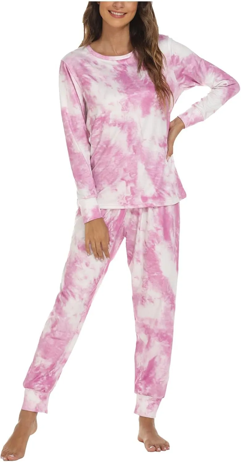 Women's Tie Dye Two Piece Pajamas Set Casual Long Sleeve Pullover Top with Long Pants Loungewear Soft Sleepwear