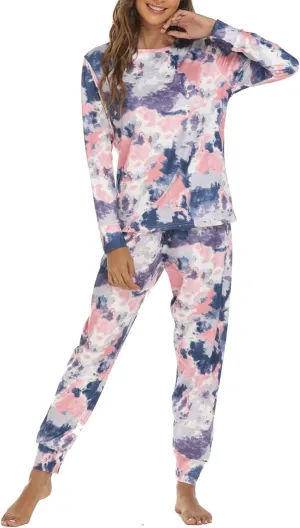 Women's Tie Dye Two Piece Pajamas Set Casual Long Sleeve Pullover Top with Long Pants Loungewear Soft Sleepwear