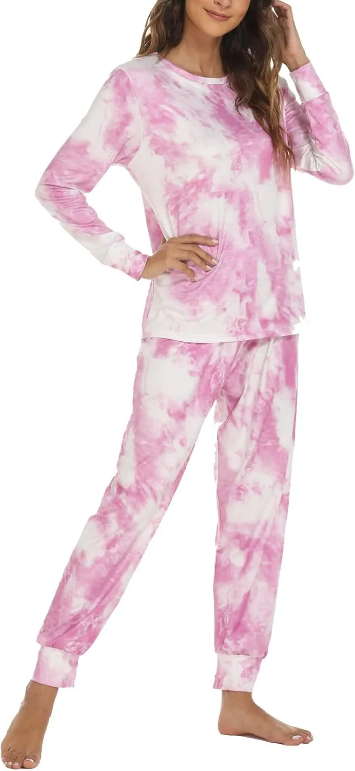 Women's Tie Dye Two Piece Pajamas Set Casual Long Sleeve Pullover Top with Long Pants Loungewear Soft Sleepwear