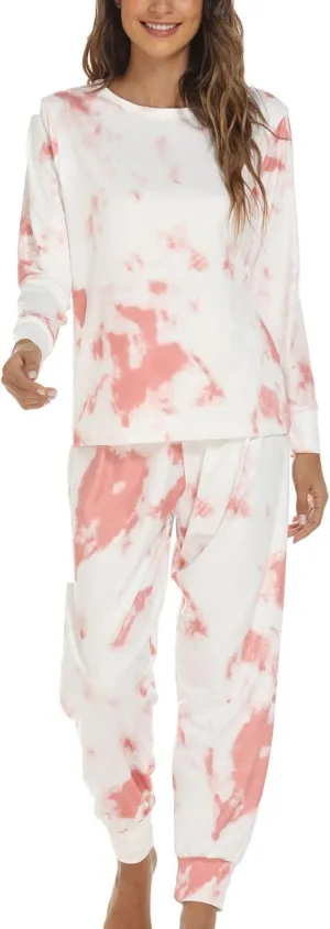Women's Tie Dye Two Piece Pajamas Set Casual Long Sleeve Pullover Top with Long Pants Loungewear Soft Sleepwear