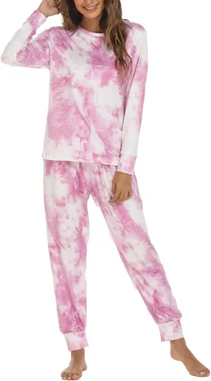 Women's Tie Dye Two Piece Pajamas Set Casual Long Sleeve Pullover Top with Long Pants Loungewear Soft Sleepwear