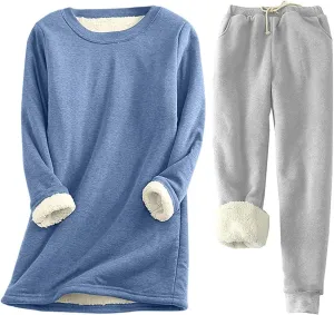 Women's Winter Warm Pajamas Sets Fleece Long Sleeve Thermal Top Fleece Joggers Loungewear Sleepwear Thermal Sets