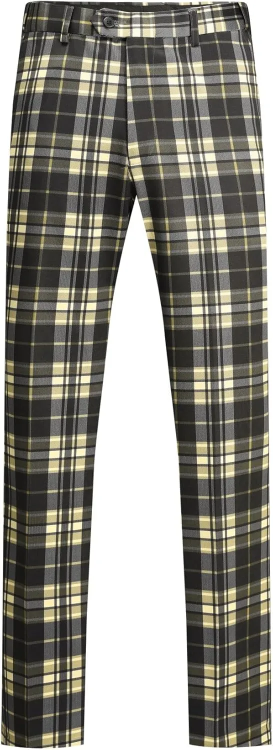 YFFUSHI Mens Slim Fit Suits 2 Piece Plaid Button Casual Formal Blazer Pants Set