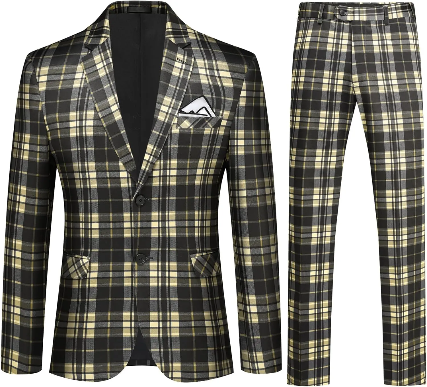 YFFUSHI Mens Slim Fit Suits 2 Piece Plaid Button Casual Formal Blazer Pants Set
