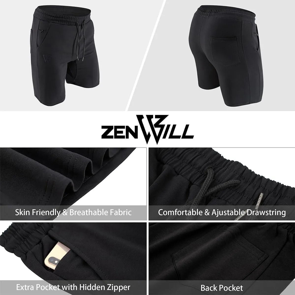 ZENWILL Mens Gym Running Shorts, Workout Athletic Bodybuilding Fitness Shorts with Zip Pockets