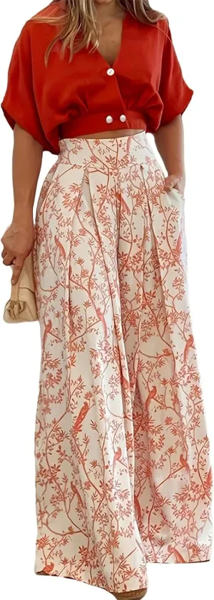 ZWRXW Boho 2 Piece Sets for Women Summer Outfits Batwing Sleeve V Neck Crop Tops and Wide Leg Pants Sets Dressy Business Suit