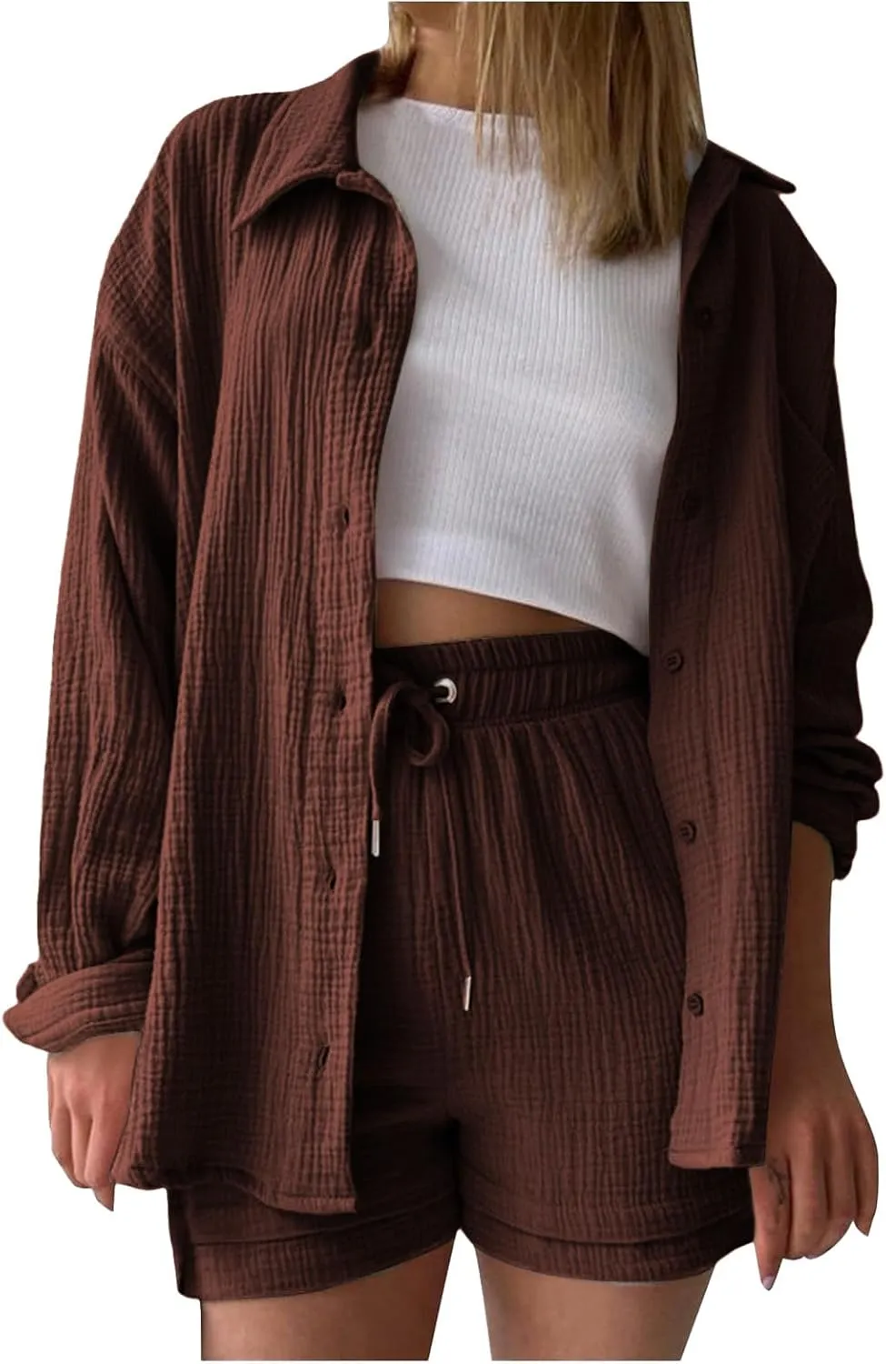 ZWRXW Linen 2 Piece Sets for Women Lightweight Spring Summer Two Piece Oversized Shirts and Shorts Matching Set Beach Outfits