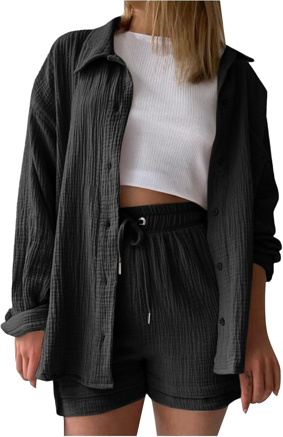 ZWRXW Linen 2 Piece Sets for Women Lightweight Spring Summer Two Piece Oversized Shirts and Shorts Matching Set Beach Outfits