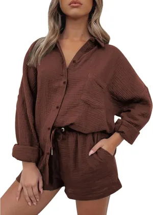ZWRXW Linen 2 Piece Sets for Women Lightweight Spring Summer Two Piece Oversized Shirts and Shorts Matching Set Beach Outfits