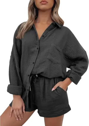 ZWRXW Linen 2 Piece Sets for Women Lightweight Spring Summer Two Piece Oversized Shirts and Shorts Matching Set Beach Outfits