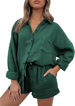 ZWRXW Linen 2 Piece Sets for Women Lightweight Spring Summer Two Piece Oversized Shirts and Shorts Matching Set Beach Outfits