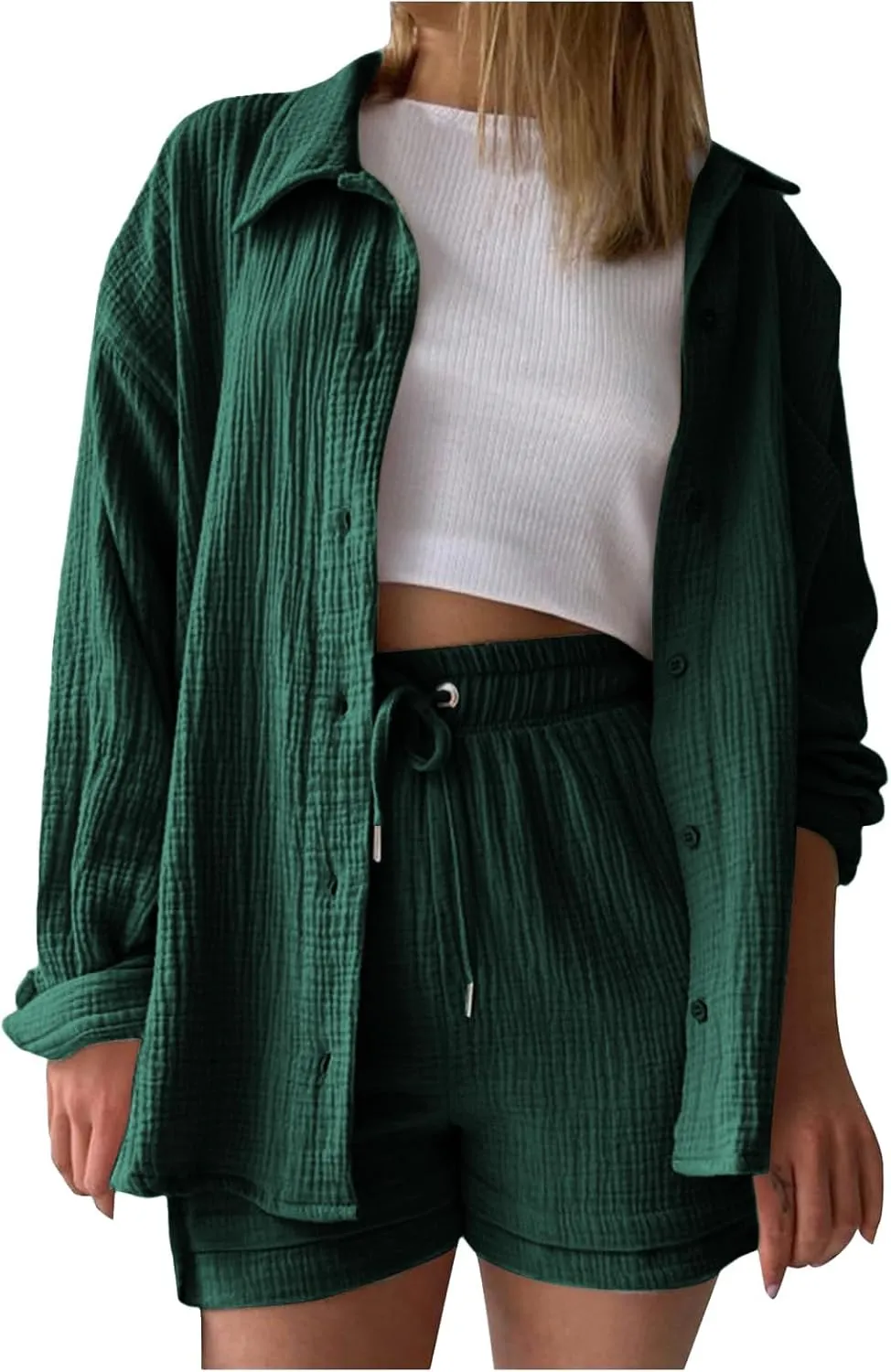 ZWRXW Linen 2 Piece Sets for Women Lightweight Spring Summer Two Piece Oversized Shirts and Shorts Matching Set Beach Outfits