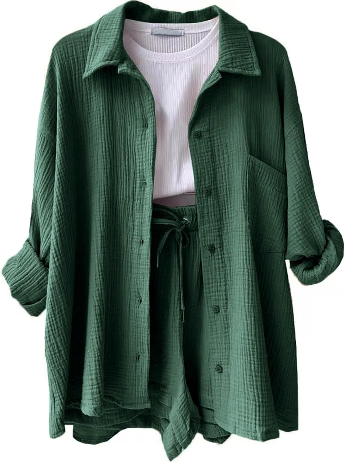 ZWRXW Linen 2 Piece Sets for Women Lightweight Spring Summer Two Piece Oversized Shirts and Shorts Matching Set Beach Outfits