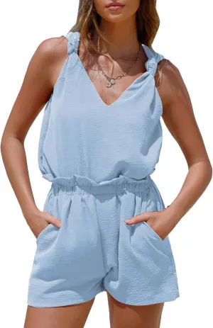 ZWRXW Womens Summer 2 Piece Sets V Neck Knotted Tank Tops Shorts Sleeveless Matching Sets Vacation Beach Outfits Resort Wear